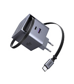 UGREEN síťová rychlonabíječka se zatahovacím kabelem 65W 3-Port, 2x USB-C, 1x USB-A, GaN, stříbrná