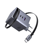 UGREEN síťová rychlonabíječka se zatahovacím kabelem 100W 3-Port, 2x USB-C, 1x USB-A, GaN, stříbrná