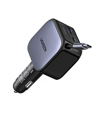 UGREEN rychlonabíječka do auta se zatahovacím kabelem 90W 3-Port, 2x USB-C,1x USB-A, GaN, stříbrná