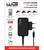 WG - 65W univerzální notebooková nabíječka s Type-C kabelem 1,8m + 4 adaptéry