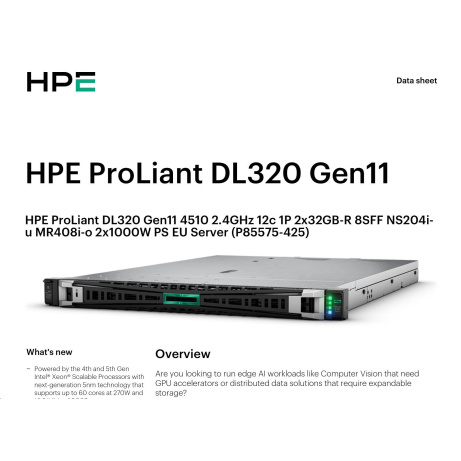 HPE PL DL320g11 4510 (2.4/12C) 2x32G (p64706) NS204(2x480) MR408i-o 8SFF 2x1000W 2p1G Smart Choice