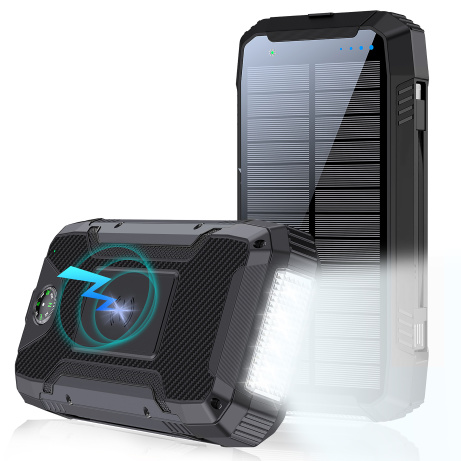 WG - Power Bank 20000 mAh, solarní panel + bezdrátové nabíjení 15W + svítilna + kompas, USB-C PD 20W, černá