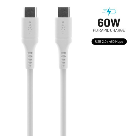 Liquid silicone kabel FIXED s konektory USB-C/USB-C a podporou PD, 1.2m, USB 2.0, 60W, bílý