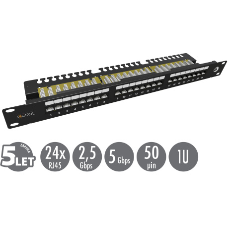 19" patch panel Solarix 24 x RJ45 CAT6 UTP s vyvazovací lištou 1U SX24L-6-UTP-BK-N