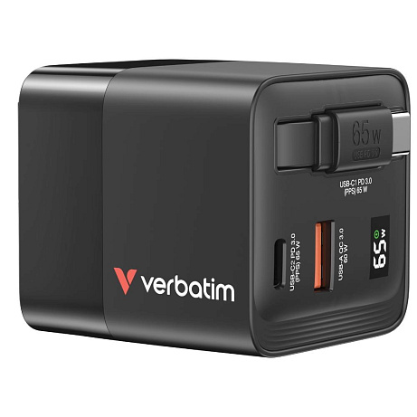 VERBATIM GaN Nabíječka do sítě, S kabelem, USB-C, USB-A, černá