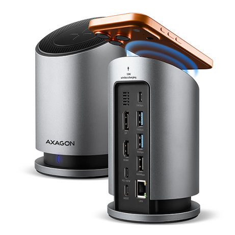 AXAGON HMC-WL9, USB 10Gbps hub s Qi, 3x USB-A, USB-C, HDMI & DP 4k/60Hz, RJ-45, PD 100W, kabel 60cm