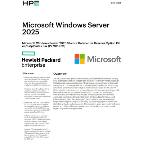 HPE Windows Server 2025 16-core Datacenter Reseller Option Kit (CZ EN Russia Pol Swe)