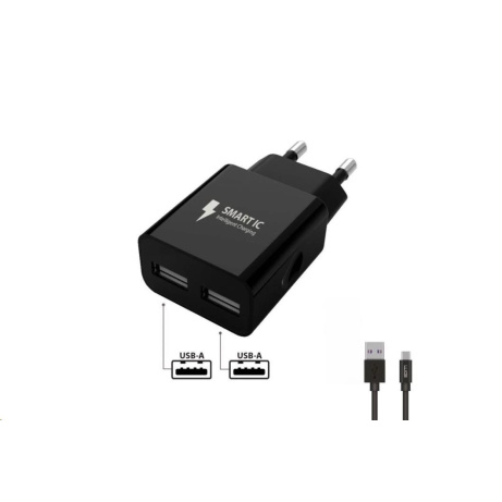 WG - Síťová nabíječka 2x USB-A 2,4A , Smart IC + kabel USB-A na Type-C, black