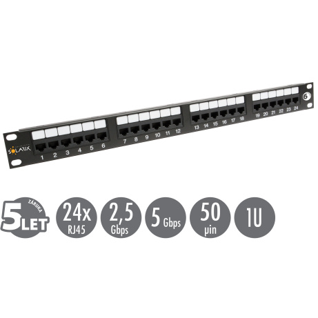 19" patch panel Solarix 24 x RJ45 CAT6 UTP 350 MHz černý 1U SX24-6-UTP-BK