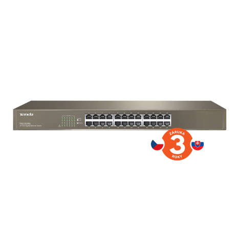 Tenda TEG1024G 24x Gigabit Switch, Fanless-bez ventilátorů, Rackmount 19", ochrana proti přepětí