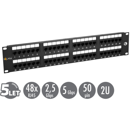 19" patch panel Solarix 48 x RJ45 CAT5E UTP 150 MHz černý 2U SX48-5E-UTP-BK