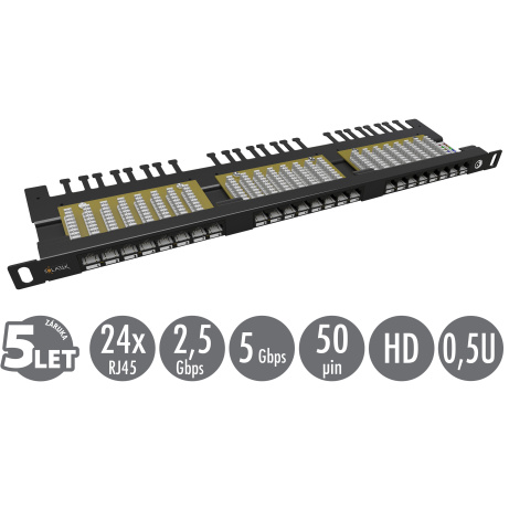 19" patch panel Solarix 24xRJ45 CAT6 UTP s vyvazovací lištou černý 0,5U SX24HD-6-UTP-BK