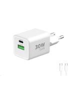 WG - Síťová nabíječka GaN 2x USB 30W, 1x USB-C PD3.0 PPS QC4 30W + USB-A 18W, kabel Type-C na Type-C, bílá