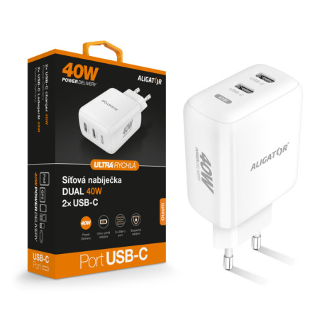 Chytrá síťová nabíječka ALIGATOR Power Delivery 40W, 2xUSB-C, bílá