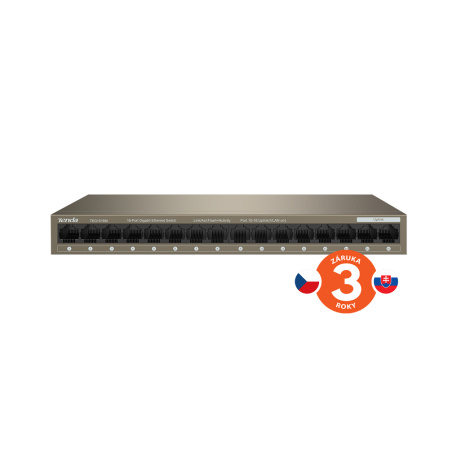 Tenda TEG1016M 16-port Gigabit Switch, 16x 10/100/1000 Mb/s, Fanless, MAC 8K, napájení AC/DC, i zeď