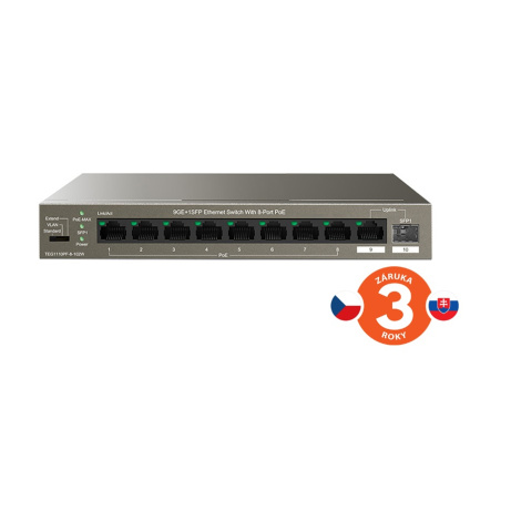 Tenda TEG1110PF-8-102W PoE AT switch 8xPoE 802.3af/at + Uplink RJ45 + SFP port, 92W, PoE+, fanless