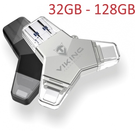 VIKING USB FLASH DISK 3.0 4v1 128GB, S KONCOVKOU APPLE LIGHTNING, USB-C, MICRO USB, USB3.0, černá