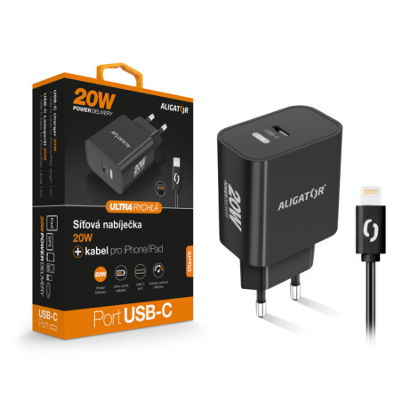 Chytrá síťová nabíječka ALIGATOR Power Delivery 20W, USB-C kabel pro iPhone/iPad, černá