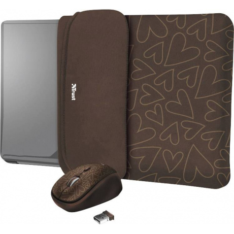 TRUST myš + obal na notebook Yvo Reversible 15.6” Laptop Sleeve and Wireless Mouse - Brown Hearts