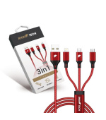 RhinoTech nabíjecí a datový kabel 3v1 USB-A (MicroUSB + Lightning + USB-C) 1,2m červená