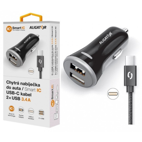 ALIGATOR Chytrá nabíječka do auta 3.4A, 2xUSB, smart IC, černá, USB-C kabel