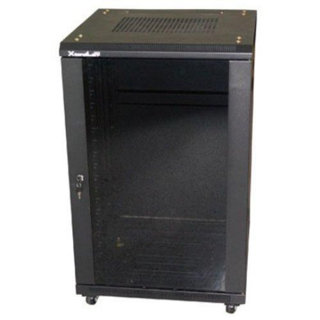 XtendLan 19" stojanový rozvaděč 27U 600x800, nosnost 800kg, skleněné dveře, plná záda, kolečka, rozložený, černý