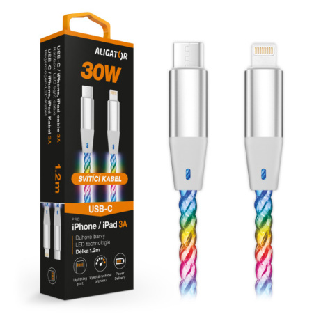 Datový kabel ALIGATOR POWER 3A 30W, USB-C/Lightning, 1,2m svítící