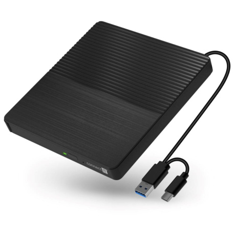 CONNECT IT Externí mechanika CD/DVD 3v1 SlimDrive, čtečka MicroSD/SD, 2xUSB, USB-A/USB-C, černá