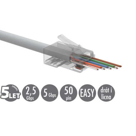 Univerzální EASY konektor RJ45 CAT6 UTP 8p8c na drát i licnu SXRJ45-6-UTP-EASY 100ks
