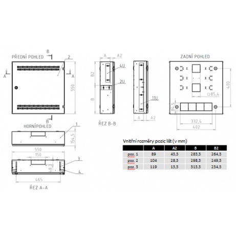 Rozvaděč SOHO nástěnný LC-18 do zdi s lištami 2U, 4U a 11U,550x550 bílá,RAL9003 s rámečkem k zazdění