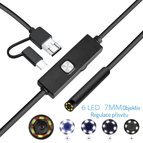 W-Star USB endoskopická kamera průměr 7mm, kabel 5m a zrcátkem i pro mobil