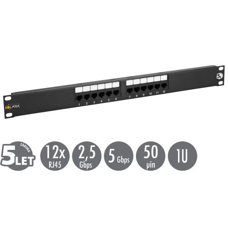 19" patch panel Solarix 12 x RJ45 CAT5E UTP 150 MHz černý 1U SX12-5E-UTP-BK