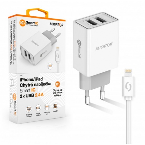 ALIGATOR Chytrá síťová nabíječka 2,4A, 2xUSB, smart IC, bílá, USB kabel pro iPhone/iPad