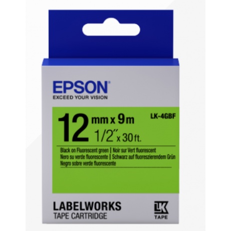 Epson Label Cartridge Fluorescent LK-4GBF Black/Green 12mm (9m)