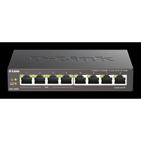 D-Link DGS-1008P 8-port Gigabit Desktop Switch, 4 porty jsou PoE+, PoE budget 68W