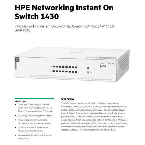 HPE Networking Instant On Switch 8p Gigabit CL4 PoE 64W 1430