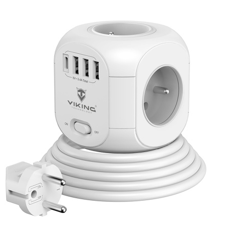 Síťový adaptér Viking AC Cube/Output:4xAC,3xUSB-A,1xUSB-C/Tlačítko ON/OFF/zásuvka typu E