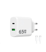 WG - Síťová nabíječka GaN 2x USB 65W, 1x USB-C PD 65W + 1x USB-A QC 3.0 18W, kabel Type-C na Type-C, bílá