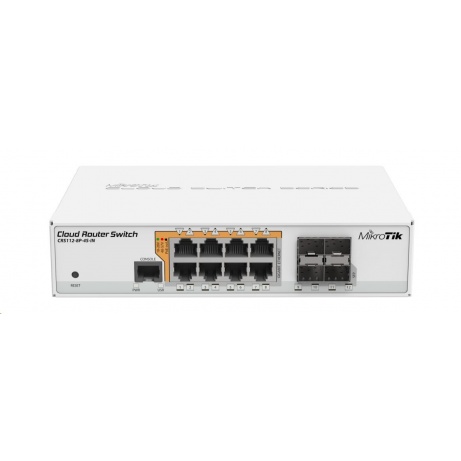 MikroTik Cloud Router Switch CRS112-8P-4S-IN, 400MHz CPU, 128MB RAM, 8xLAN, PoE max. 67W, 4xSFP slot, vč. L5 licence