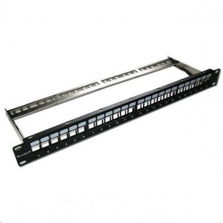 XtendLan Patch panel 19", 24 portů, neosazený, stíněný, černý, Cat5e/6/6A/7, odnimatelný vyvazovák