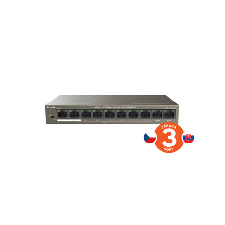 Tenda TEF1110P-8-63W PoE AT switch - 8x PoE 100 Mb/s + 2x Uplink 100 Mb/s, PoE max 63W, fanless,PoE+