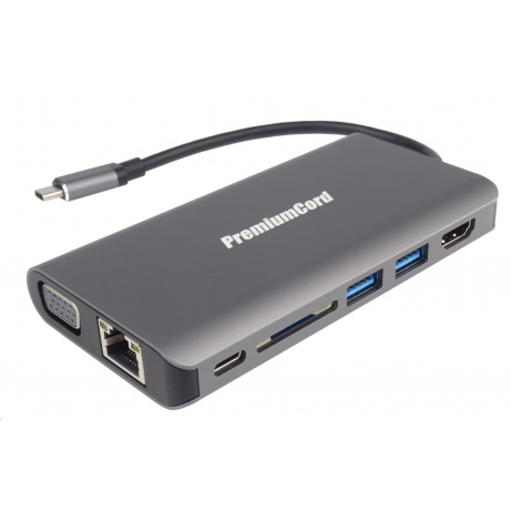 PREMIUMCORD Převodník USB3.1 typ C na HDMI+VGA+RJ45+2xUSB3.0+SD card +3,5mm+PD charge